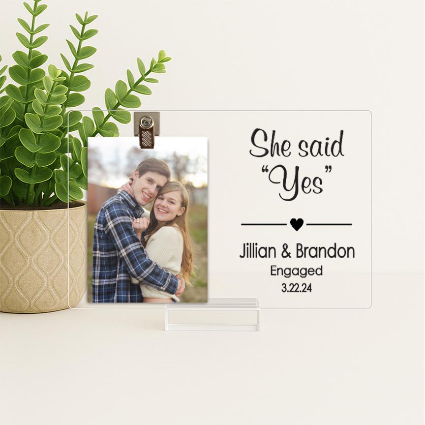 Engagement Acrylic Photo Frame – She Said Yes Gift – Personalized Engagement Gift for Couple – Custom Proposal Keepsake