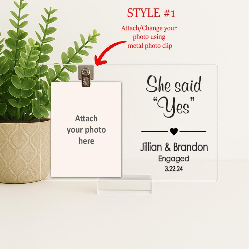 Engagement Acrylic Photo Frame – She Said Yes Gift – Personalized Engagement Gift for Couple – Custom Proposal Keepsake