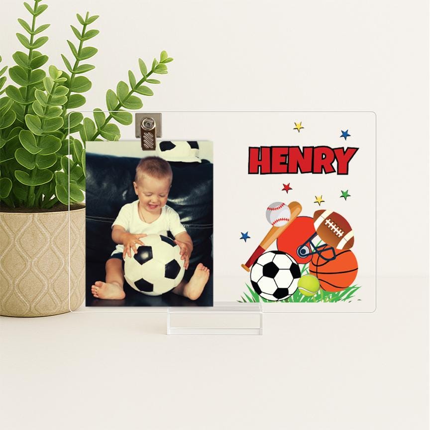 Personalized Baby Photo Frame with Sports theme – Custom Acrylic Picture Name Sign for Nursery or Birthday Gift, New Baby Boy, Picture Frame