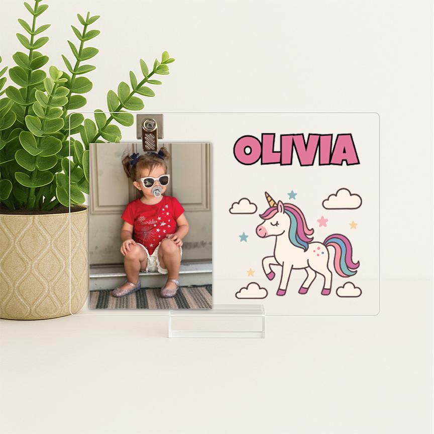 Personalized Unicorn Acrylic Picture Frame for Baby Girl, Custom Photo Gift with Name for New Baby, Toddler, Nursery Decor, Unicorn Gift
