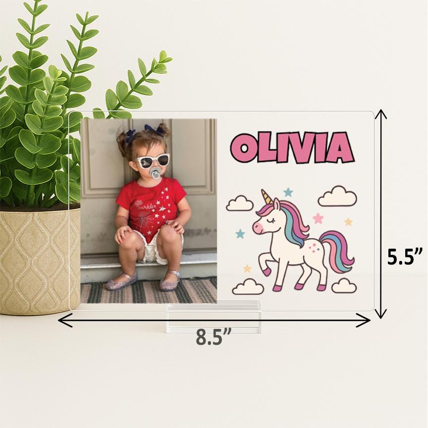 Personalized Unicorn Acrylic Picture Frame for Baby Girl, Custom Photo Gift with Name for New Baby, Toddler, Nursery Decor, Unicorn Gift