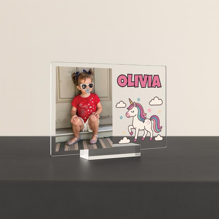 Personalized Unicorn Acrylic Picture Frame for Baby Girl, Custom Photo Gift with Name for New Baby, Toddler, Nursery Decor, Unicorn Gift