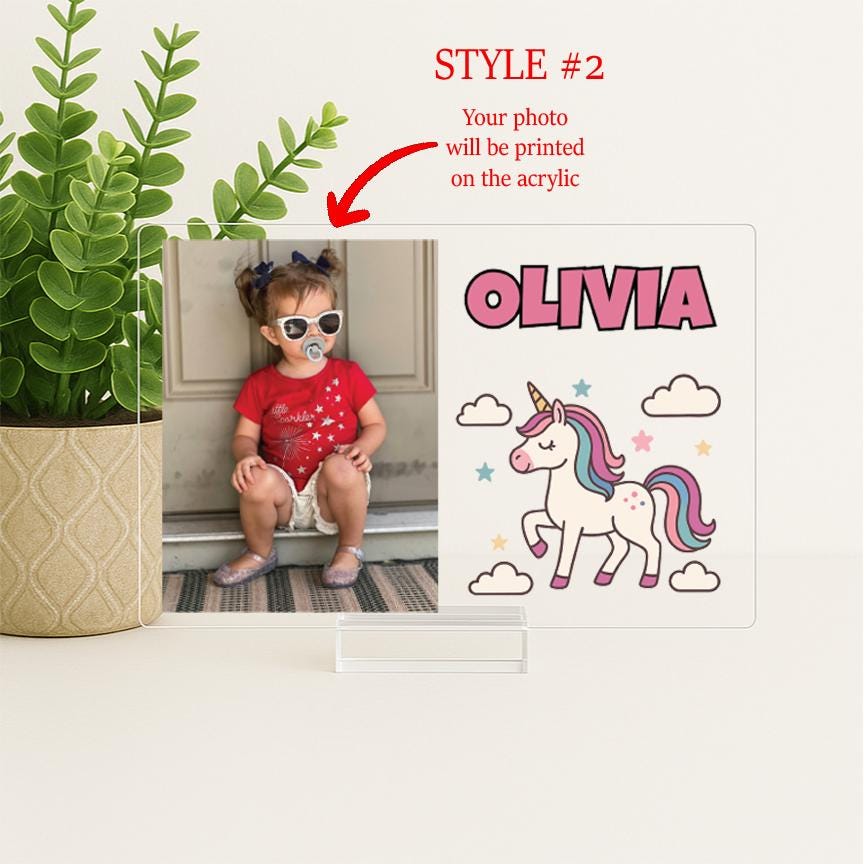 Personalized Unicorn Acrylic Picture Frame for Baby Girl, Custom Photo Gift with Name for New Baby, Toddler, Nursery Decor, Unicorn Gift