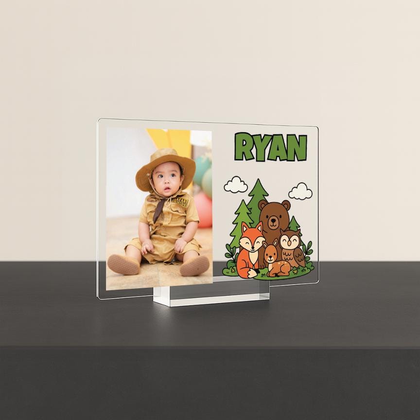 Personalized Woodland Animal Picture Frame – Baby Boy Nursery Decor – Forest Animal Name Sign – Custom Acrylic Photo Frame for Kids