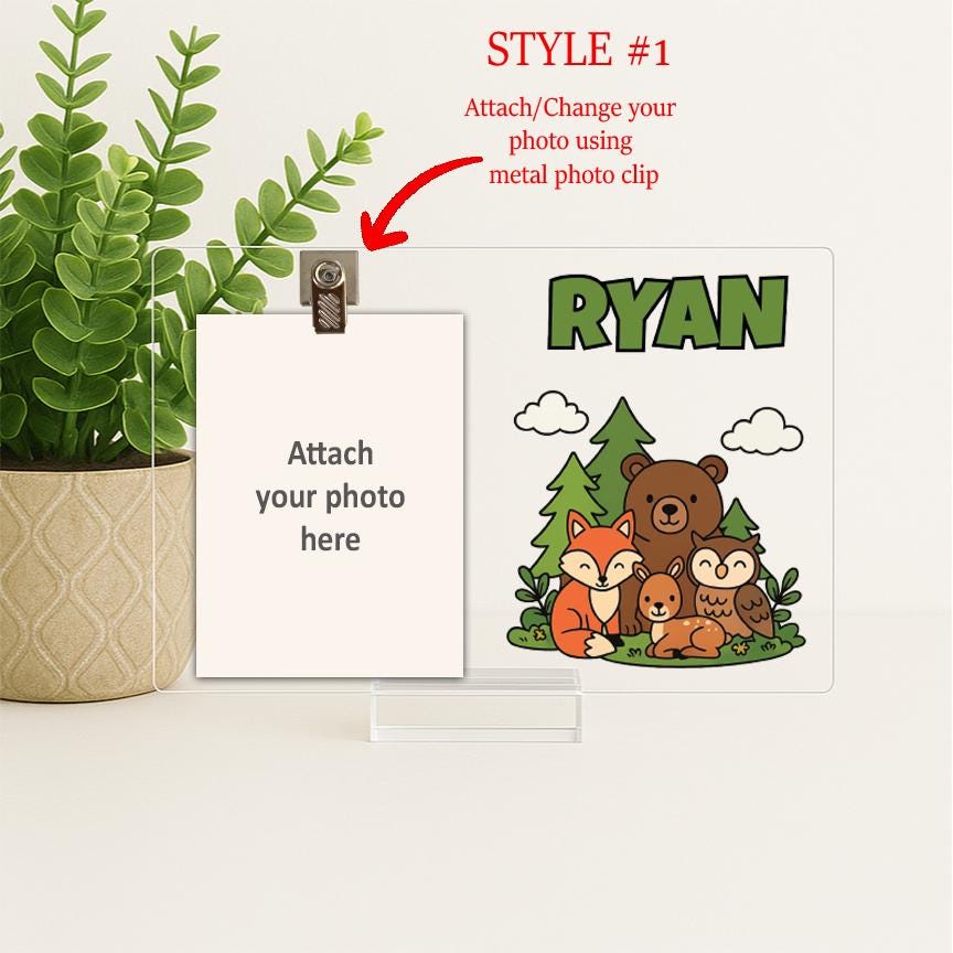 Personalized Woodland Animal Picture Frame – Baby Boy Nursery Decor – Forest Animal Name Sign – Custom Acrylic Photo Frame for Kids