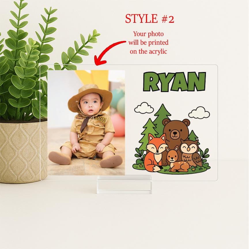 Personalized Woodland Animal Picture Frame – Baby Boy Nursery Decor – Forest Animal Name Sign – Custom Acrylic Photo Frame for Kids