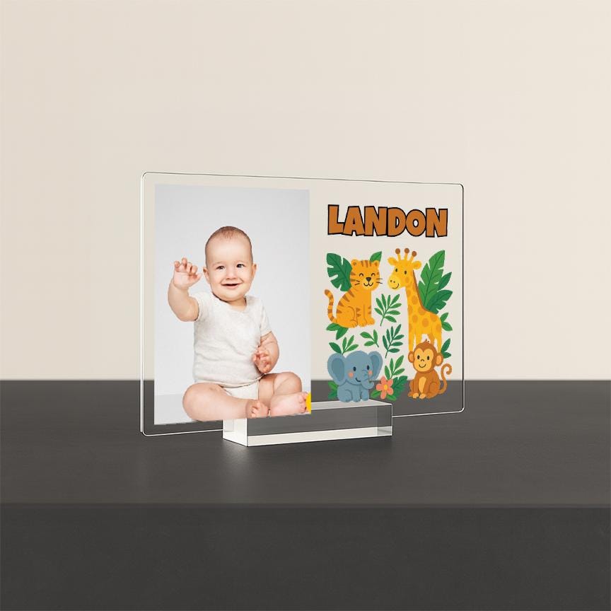 Personalized Woodland Animal Picture Frame – Baby Boy Nursery Decor – Forest Animal Name Sign – Custom Acrylic Photo Frame for Kids