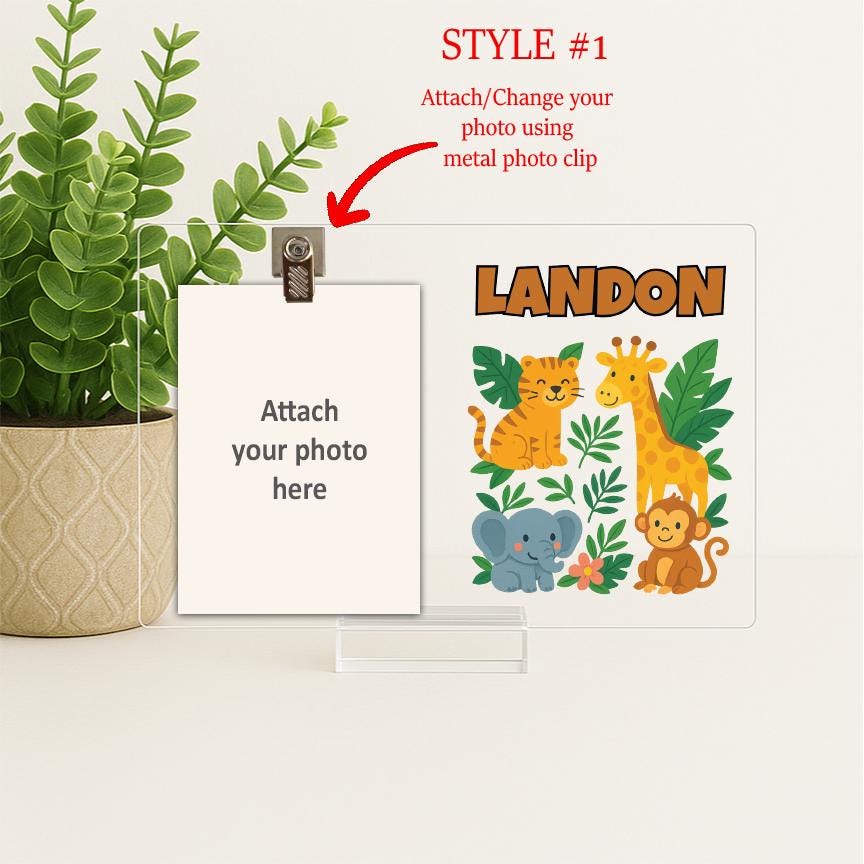Personalized Woodland Animal Picture Frame – Baby Boy Nursery Decor – Forest Animal Name Sign – Custom Acrylic Photo Frame for Kids