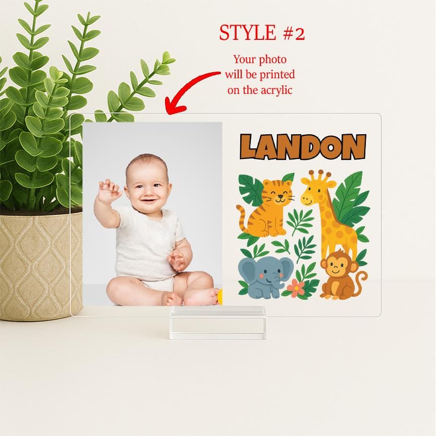 Personalized Woodland Animal Picture Frame – Baby Boy Nursery Decor – Forest Animal Name Sign – Custom Acrylic Photo Frame for Kids