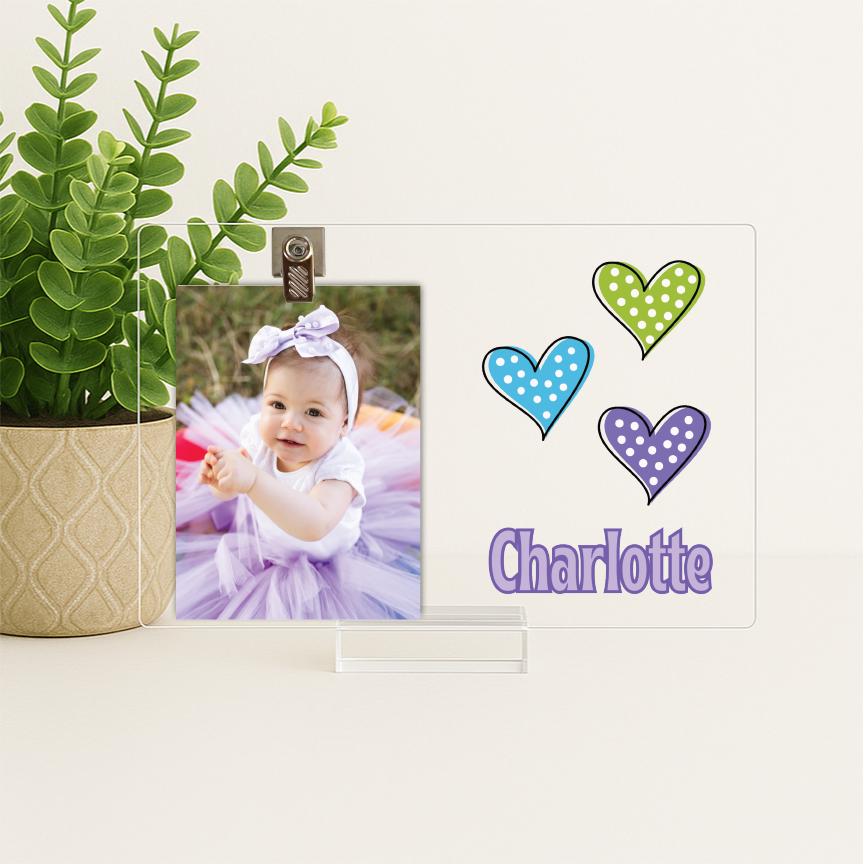 Personalized Baby Photo Frame with Dotted Hearts – Custom Acrylic Picture Name Sign for Nursery or Birthday Gift, New Baby Girl