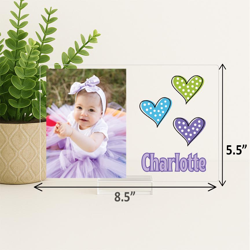 Personalized Baby Photo Frame with Dotted Hearts – Custom Acrylic Picture Name Sign for Nursery or Birthday Gift, New Baby Girl