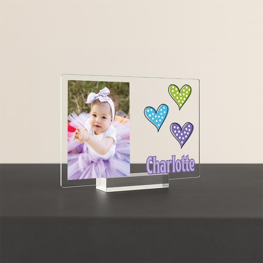 Personalized Baby Photo Frame with Dotted Hearts – Custom Acrylic Picture Name Sign for Nursery or Birthday Gift, New Baby Girl