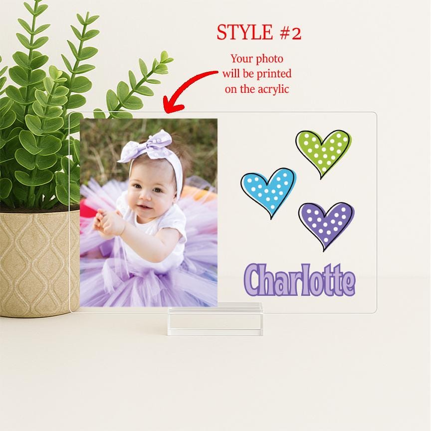 Personalized Baby Photo Frame with Dotted Hearts – Custom Acrylic Picture Name Sign for Nursery or Birthday Gift, New Baby Girl