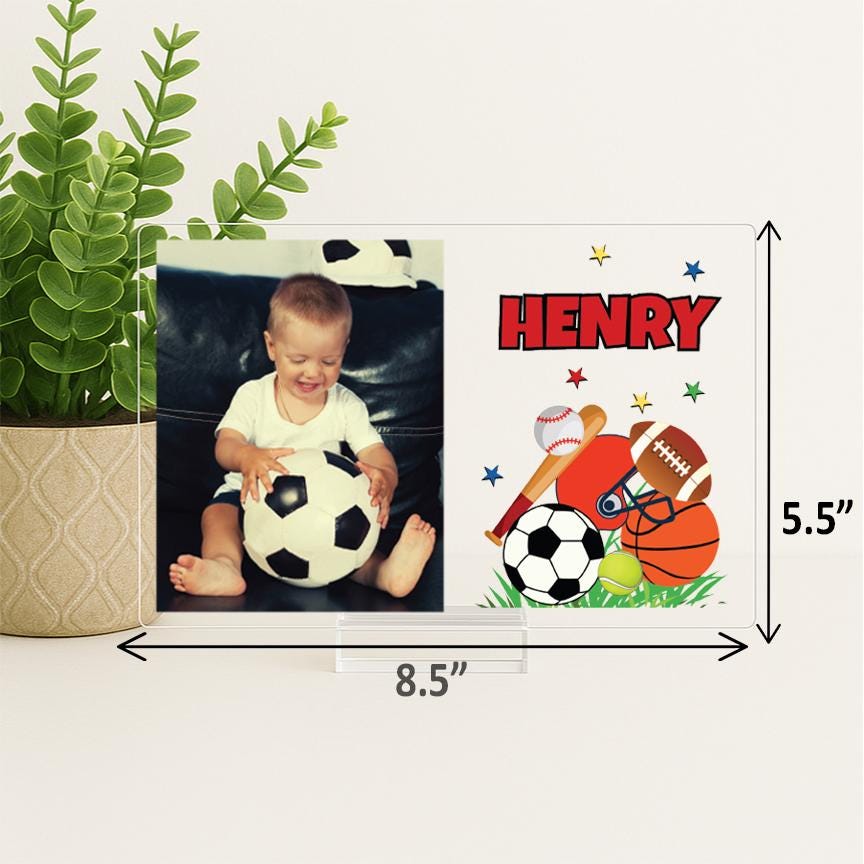 Personalized Baby Photo Frame with Sports theme – Custom Acrylic Picture Name Sign for Nursery or Birthday Gift, New Baby Boy, Picture Frame
