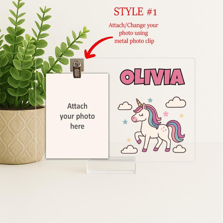 Personalized Unicorn Acrylic Picture Frame for Baby Girl, Custom Photo Gift with Name for New Baby, Toddler, Nursery Decor, Unicorn Gift