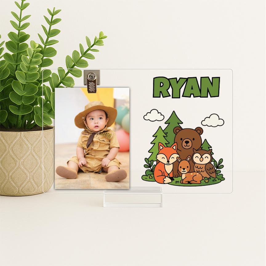 Personalized Woodland Animal Picture Frame – Baby Boy Nursery Decor – Forest Animal Name Sign – Custom Acrylic Photo Frame for Kids