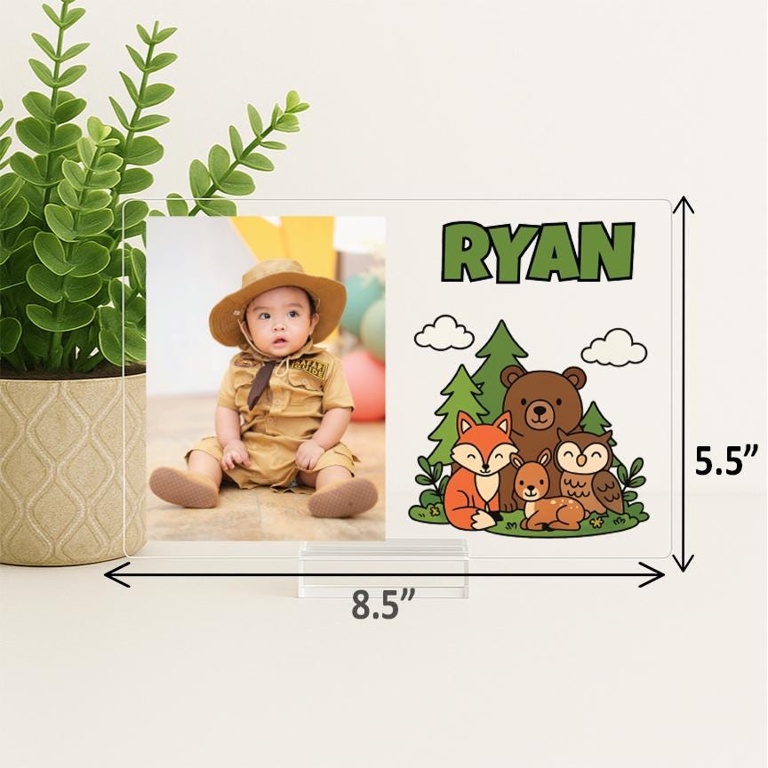 Personalized Woodland Animal Picture Frame – Baby Boy Nursery Decor – Forest Animal Name Sign – Custom Acrylic Photo Frame for Kids