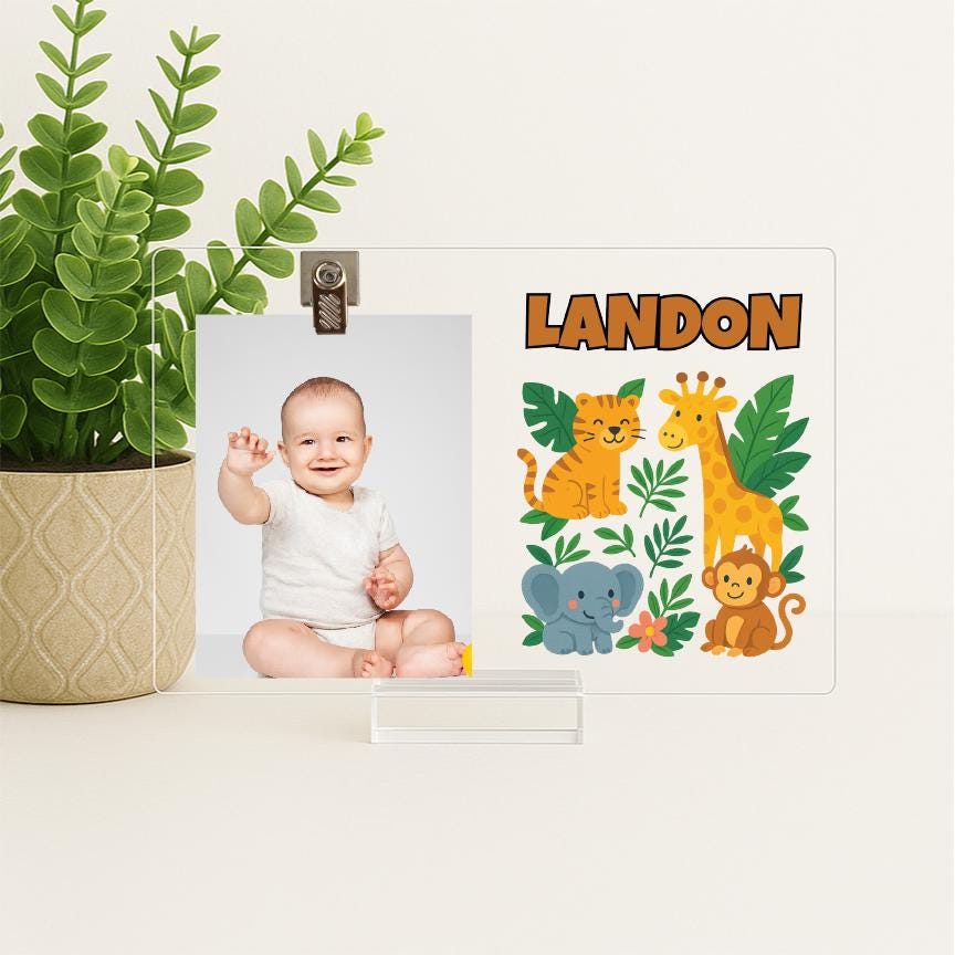 Personalized Woodland Animal Picture Frame – Baby Boy Nursery Decor – Forest Animal Name Sign – Custom Acrylic Photo Frame for Kids