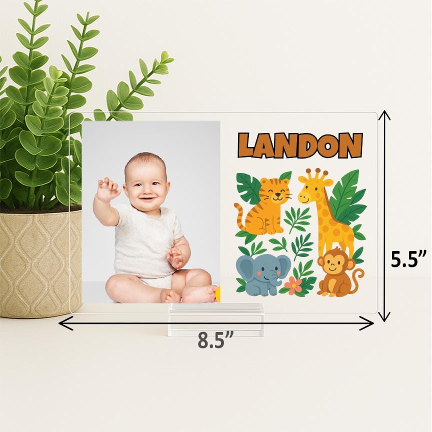 Personalized Woodland Animal Picture Frame – Baby Boy Nursery Decor – Forest Animal Name Sign – Custom Acrylic Photo Frame for Kids