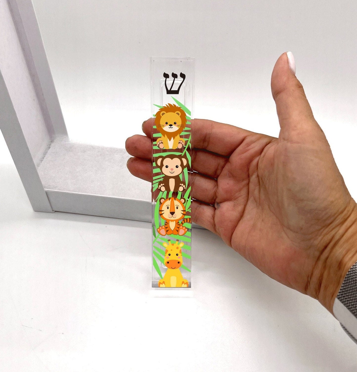 Baby Jungle Animals Mezuzah - Acrylic Mezuzah - Personalized Judaica Gift - New Baby Gift - Kids Mezuzh - Lucite Mezuzah - Modern Mezuzah