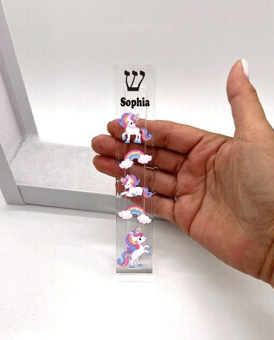 Unicorn Mezuzah - Personalized Mezuzah - Rainbows - Acrylic Mezuzah - Modern Mezuzah - Custom Mezuzah - New Baby Gift - Baby Naming Gift