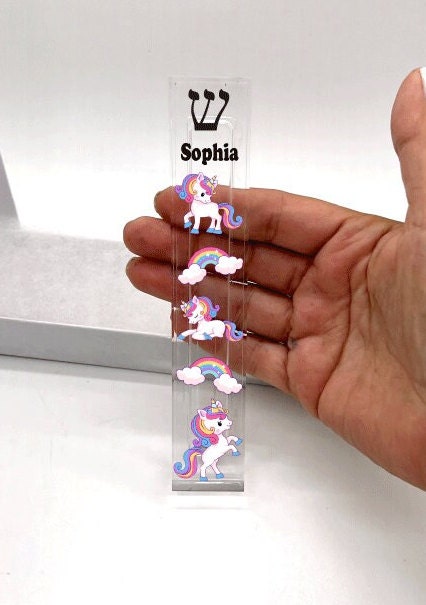 Unicorn Mezuzah - Personalized Mezuzah - Rainbows - Acrylic Mezuzah - Modern Mezuzah - Custom Mezuzah - New Baby Gift - Baby Naming Gift