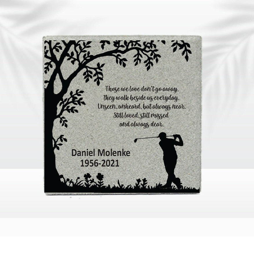 Personalized Golfer Memorial Gift with a variety of indoor and outdoor stone choices at www.florida-funshine.com. Our Personalized Family And Friends Memorial Stones serve as heartfelt sympathy gifts for those grieving the loss of a loved one, ensuring a lasting tribute cherished for years. Enjoy free personalization, quick shipping in 1-2 business days, and quality crafted memorials made in the USA.