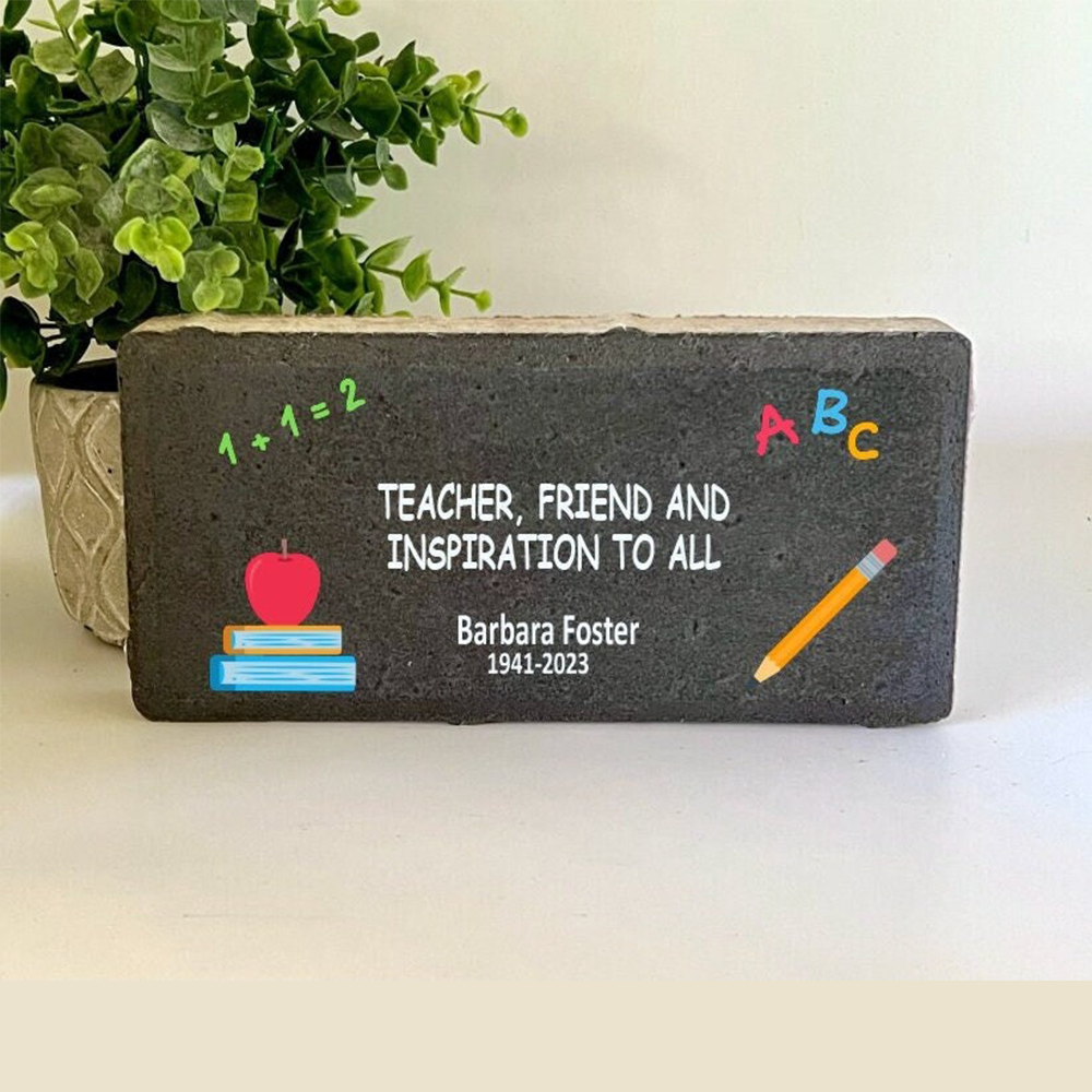 Personalized Teacher Memorial Gift with a variety of indoor and outdoor stone choices at www.florida-funshine.com. Our Personalized Family And Friends Memorial Stones serve as heartfelt sympathy gifts for those grieving the loss of a loved one, ensuring a lasting tribute cherished for years. Enjoy free personalization, quick shipping in 1-2 business days, and quality crafted memorials made in the USA.