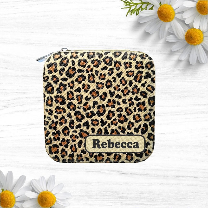 Personalized Travel Jewelry Case, Custom Printed Leopard Pattern Jewelry Box, with or without Name, Bridesmaids Proposal Gift, Traveler gift