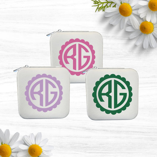 Monogram Scallop Border Travel Jewelry Case, Personalized Custom Printed Jewelry Box Organizer, Bridesmaids Proposal Gift, Traveler Gift