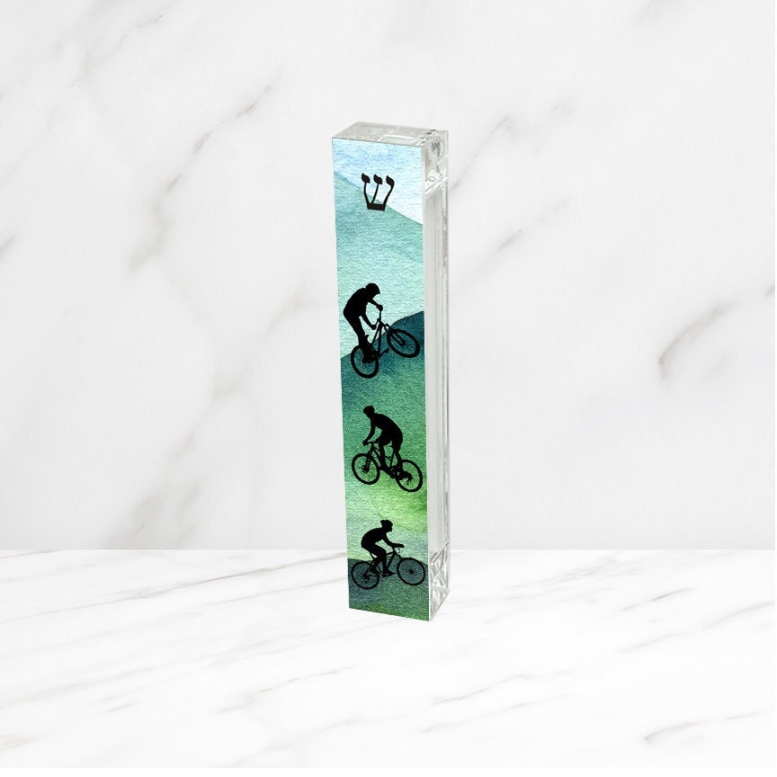 Mezuzah - Mountain Biker Mezuzah - Acrylic Mezuzah - Bike Mezuzah - Personalized Judaica Gift - Mountain Biker Gift - New Home Gift