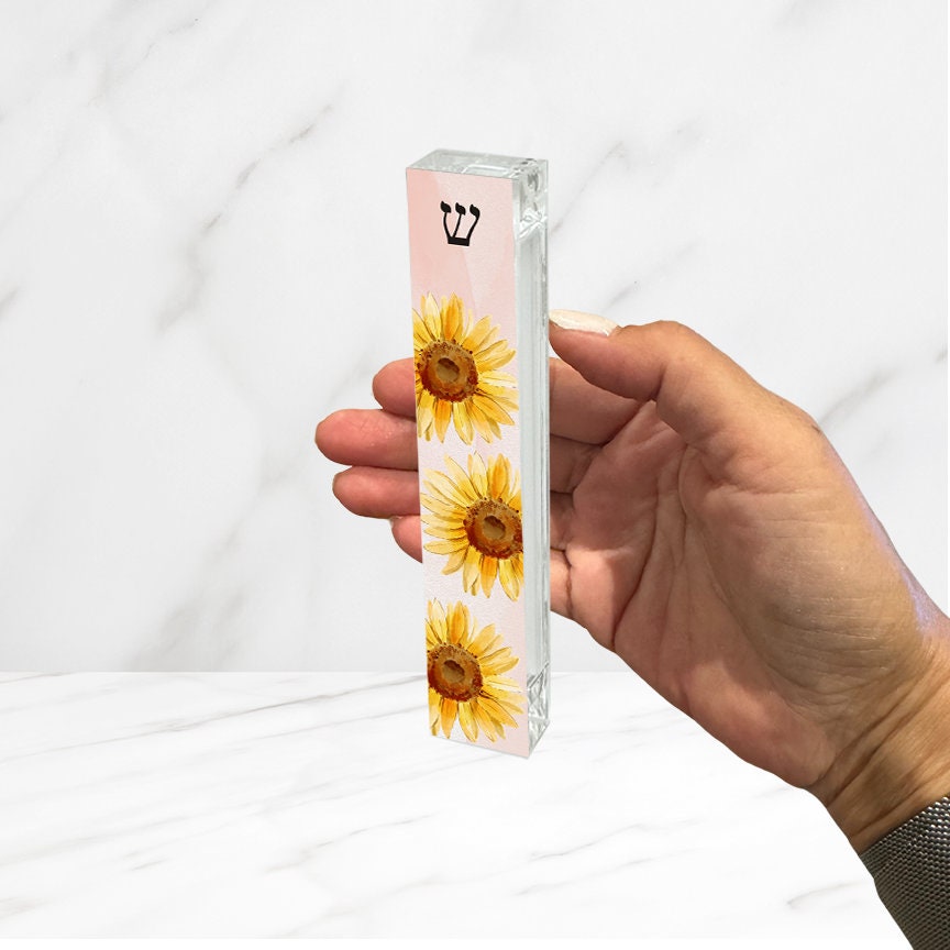 Mezuzah - Sunflower Mezuzah with light pink background - Acrylic Mezuzah - Modern Personalized Judaica Gift - New Baby Gift - New Home Gift