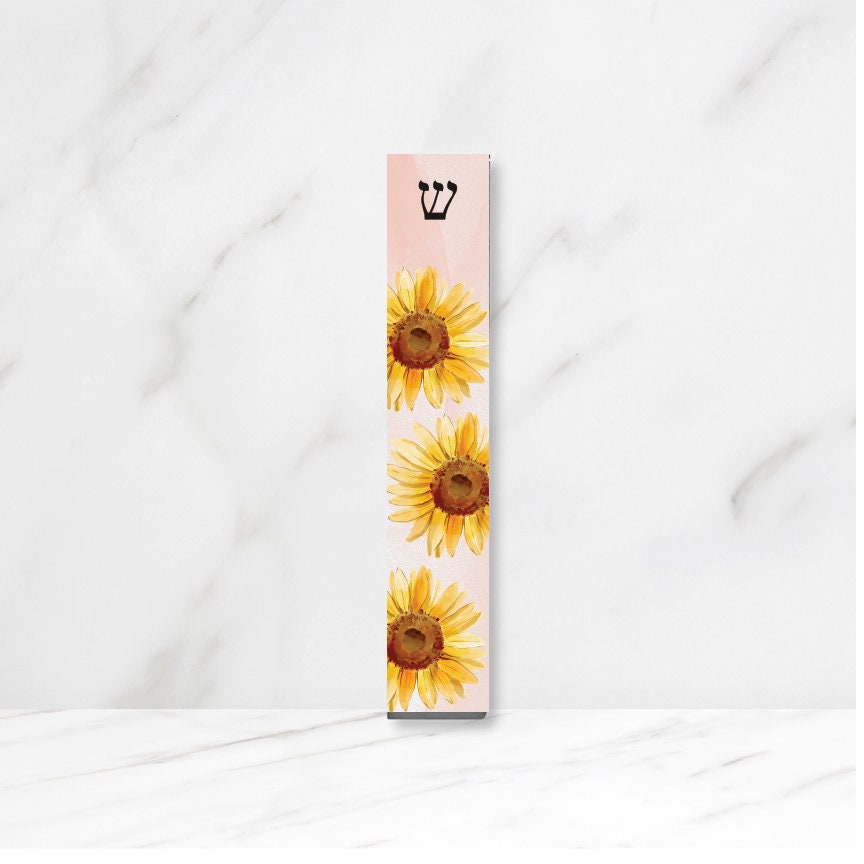 Mezuzah - Sunflower Mezuzah with light pink background - Acrylic Mezuzah - Modern Personalized Judaica Gift - New Baby Gift - New Home Gift