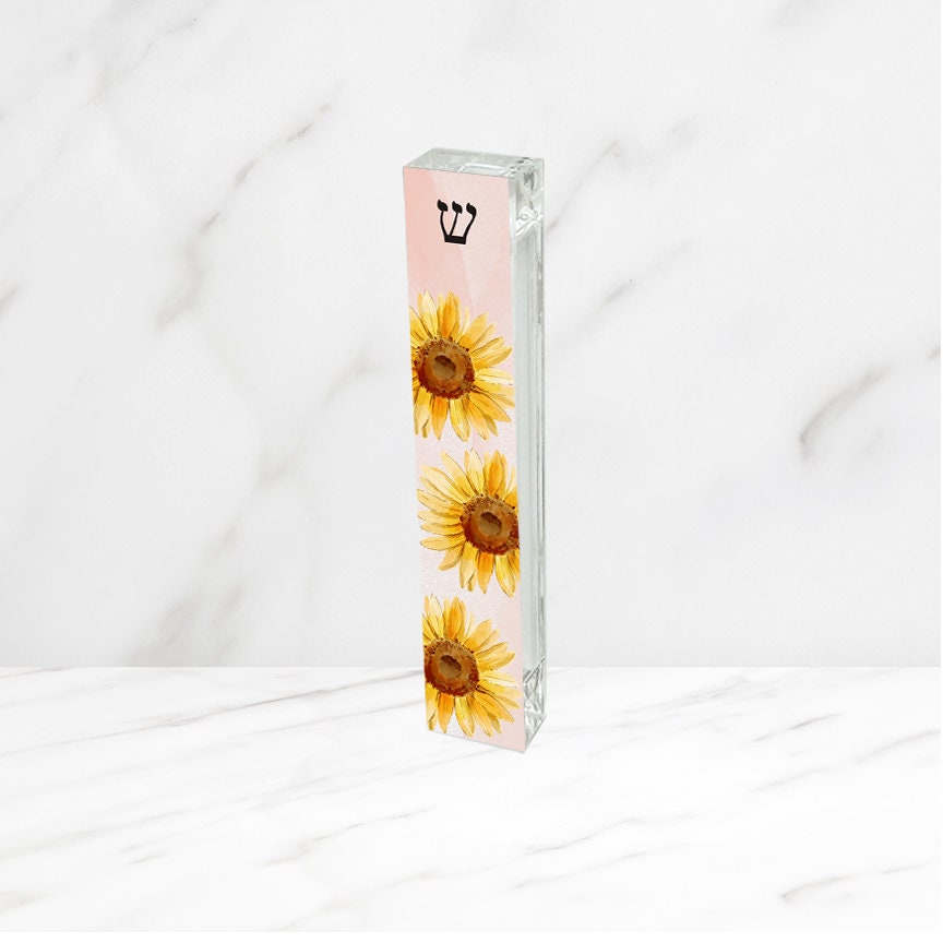 Mezuzah - Sunflower Mezuzah with light pink background - Acrylic Mezuzah - Modern Personalized Judaica Gift - New Baby Gift - New Home Gift