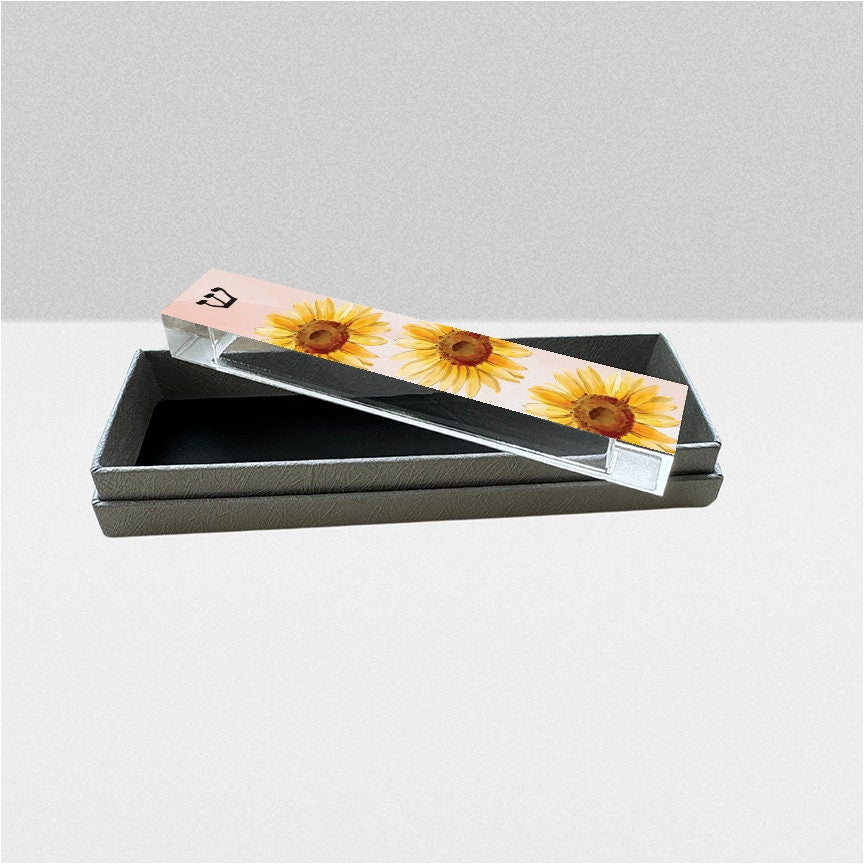 Mezuzah - Sunflower Mezuzah with light pink background - Acrylic Mezuzah - Modern Personalized Judaica Gift - New Baby Gift - New Home Gift