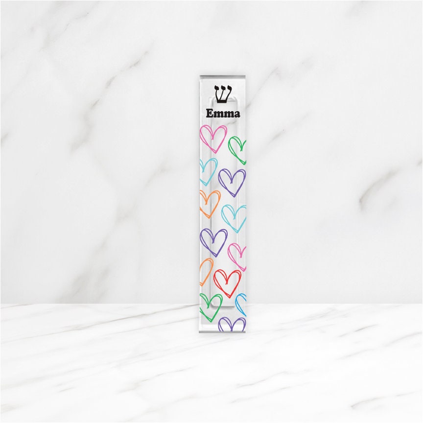 Mezuzah - Personalized Heart Mezuzah - With or without name - Colorful Heart Outlines - Acrylic Mezuzah - Kids Mezuzah - New Baby Girl Gift