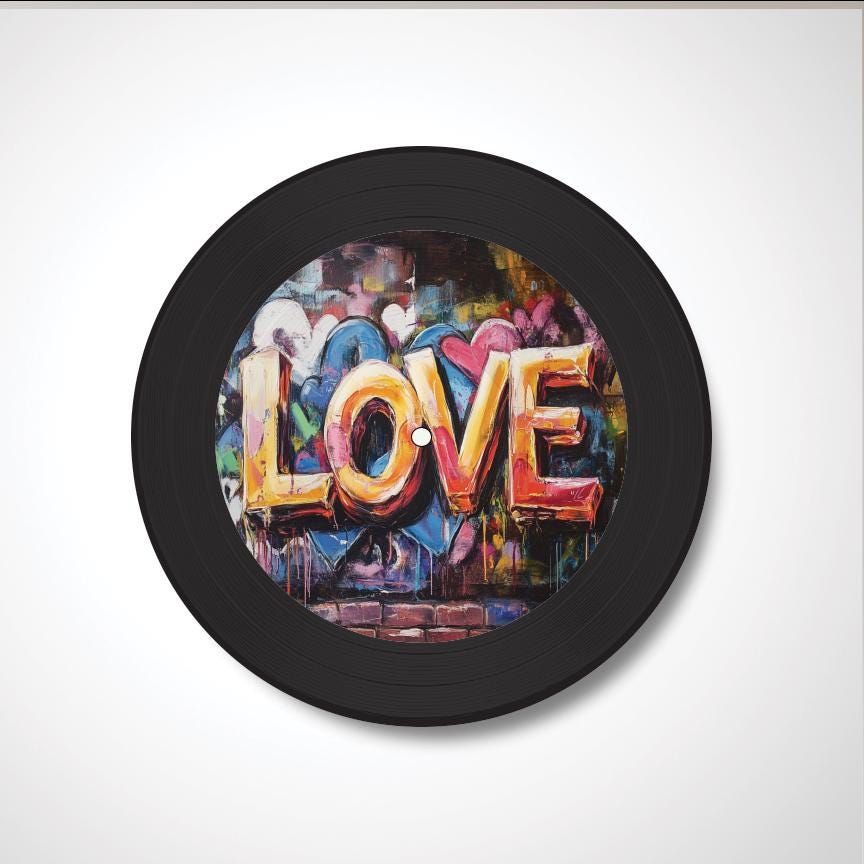 Vinyl Record Art, 12" Real Vinyl Record Printed with Graffiti LOVE, artist, musician, retro wall art, upcycled vinyl record art