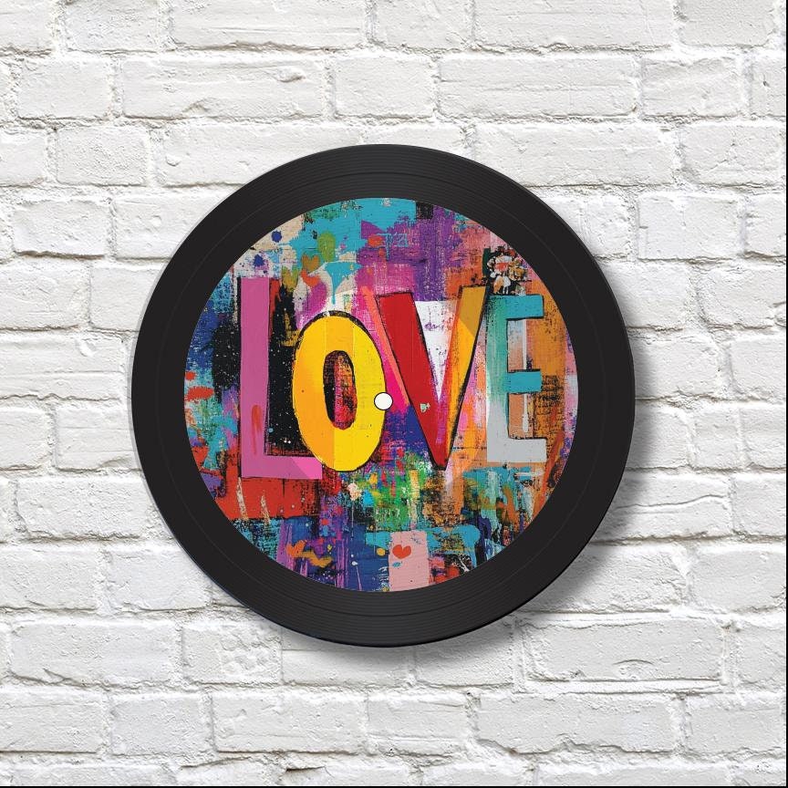 LOVE Vinyl Record Art, 12" Real Vinyl Record Printed with LOVE design, artist, musician, retro wall art, upcycled vinyl record art