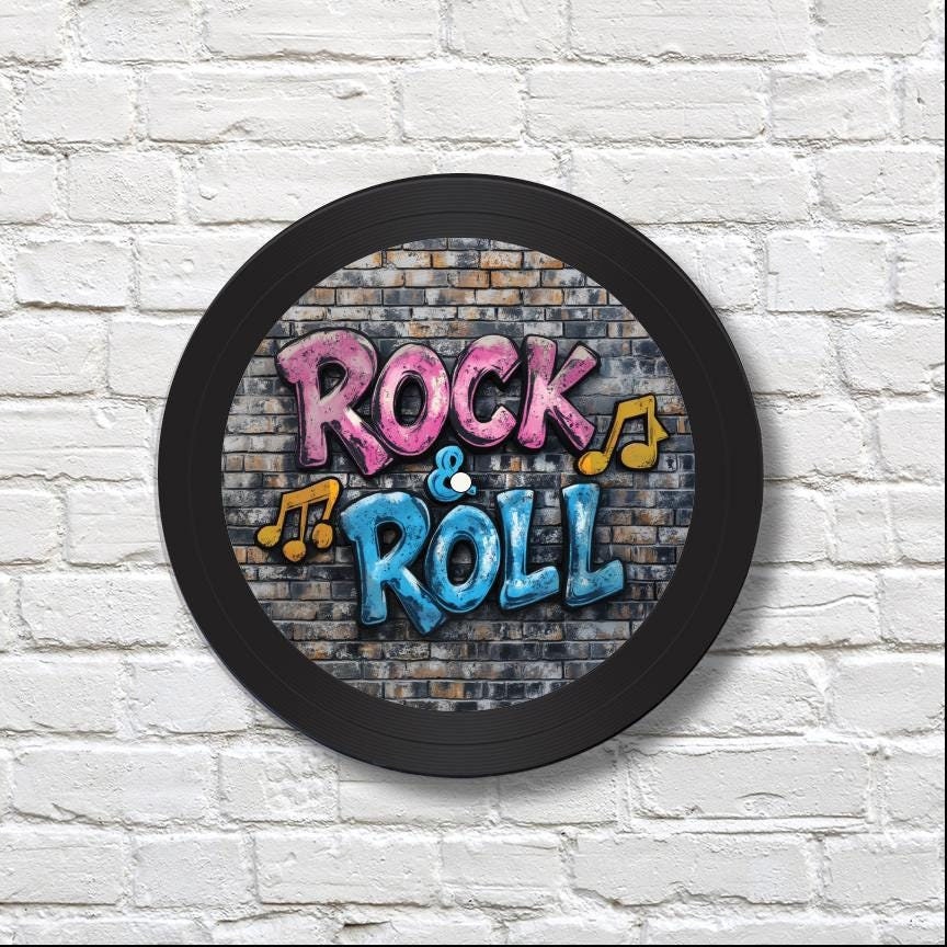 Vinyl Record Art, 12" Real Vinyl Record Printed with Rock & Roll in Graffiti, artist, musician, retro wall art, upcycled vinyl record art