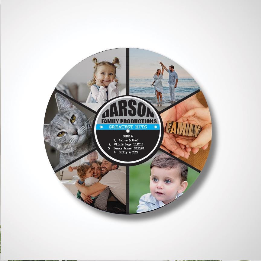 12" Real Vinyl Record Personalized with photos and family information, upcycled vinyl record art, Family Photo Gift, Greatest Hits Album