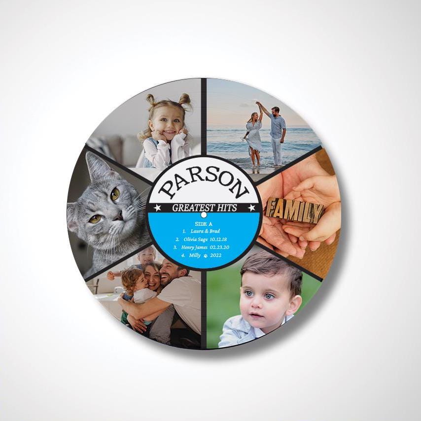 12" Real Vinyl Record Personalized with photos and family information, upcycled vinyl record art, Family Photo Gift, Greatest Hits Album