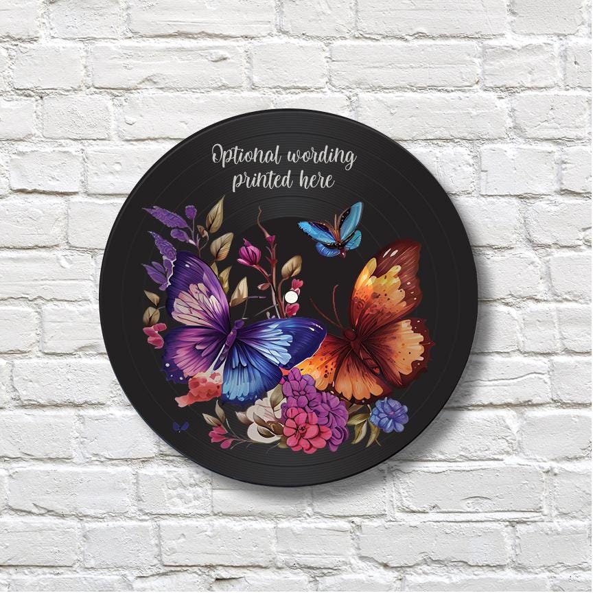 Vinyl Record Art with Butterflies and Flowers, 12" Real Vinyl Record Printed with Butterfly Design & optional message, upcycled vinyl record