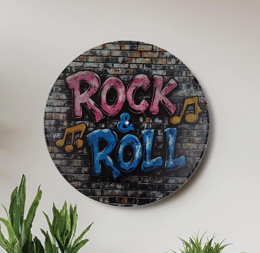 Vinyl Record Art, 12" Real Vinyl Record Printed with Rock & Roll in Graffiti, artist, musician, retro wall art, upcycled vinyl record art