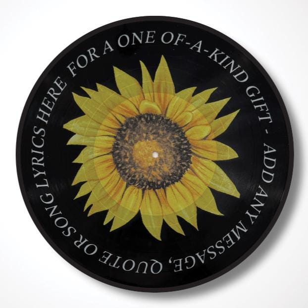 Sunflower Vinyl Record Art, 12" Real Vinyl Record Printed with Sunflower and your custom message, retro wall art, upcycled vinyl record art