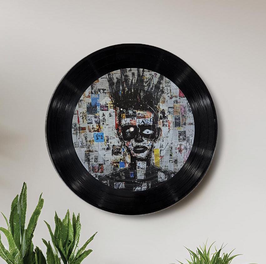 Vinyl Record Art, 12" Vinyl Record Printed with Man on Collage background, Basquiat Inspired art, retro wall art, upcycled vinyl record art