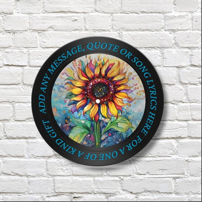 Sunflower 12" Vinyl Record Art, Real Vinyl Record Printed with Colorful Sunflower Image and optional custom message, upcycled record art