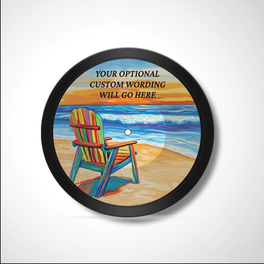 Beach Scene 12" Vinyl Record Art, Real Vinyl Record Printed with Beach Chair and Ocean Image & optional custom message, upcycled record art