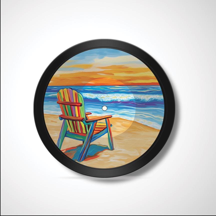 Beach Scene 12" Vinyl Record Art, Real Vinyl Record Printed with Beach Chair and Ocean Image & optional custom message, upcycled record art