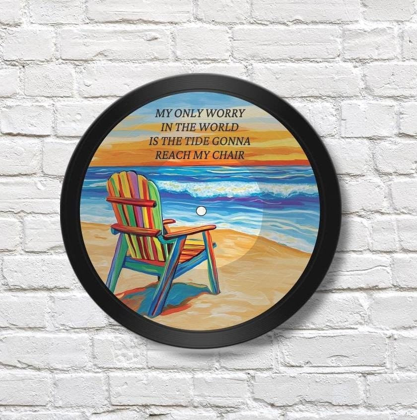 Beach Scene 12" Vinyl Record Art, Real Vinyl Record Printed with Beach Chair and Ocean Image & optional custom message, upcycled record art