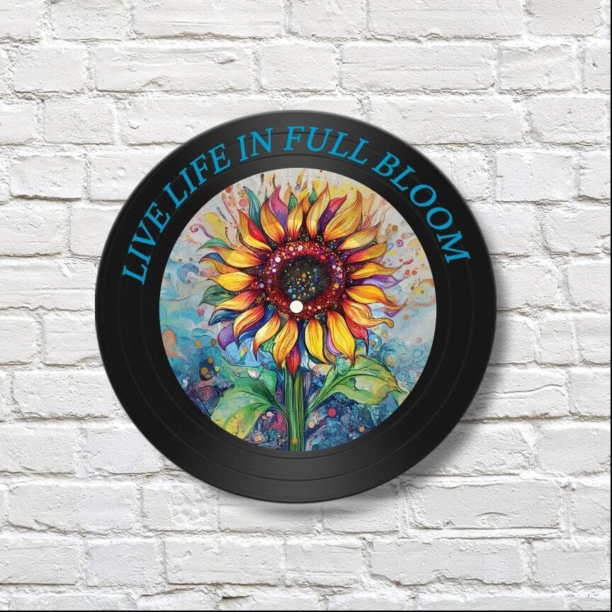 Sunflower 12" Vinyl Record Art, Real Vinyl Record Printed with Colorful Sunflower Image and optional custom message, upcycled record art